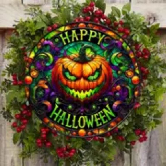 Halloween Pumpkin Acrylic Wall Hanger. One-Sided. 8x8. New (Wreath NOT included) - Picture 1 of 2